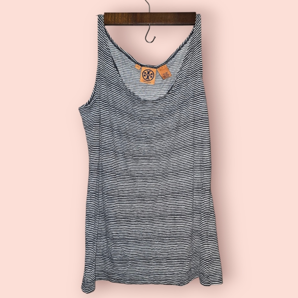 Tory Burch Tank Top Striped Sleeveless Scoop Neck Pima Cotton S Blue And White